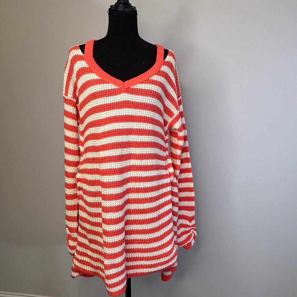 Hayden Los Angeles L Coral Ivory Striped Open Knit Sweater Dress Tunic V Neck